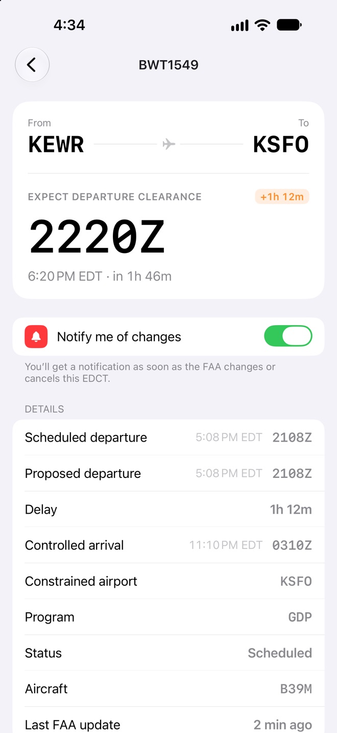The EDCT app showing flight BWT1549 from KEWR to KSFO with an EDCT of 2220Z, a 1 hour 12 minute delay.